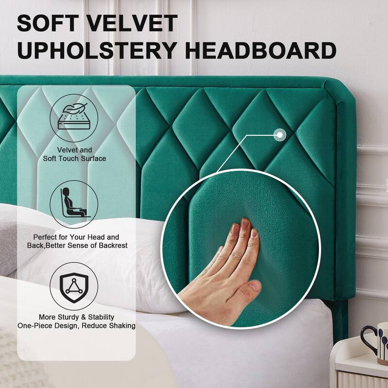 VECELO Adjustable Height Velvet Upholstered Bed Diamond Tufted Headboard with 7.8" Underbed Storage No Box Spring Needed