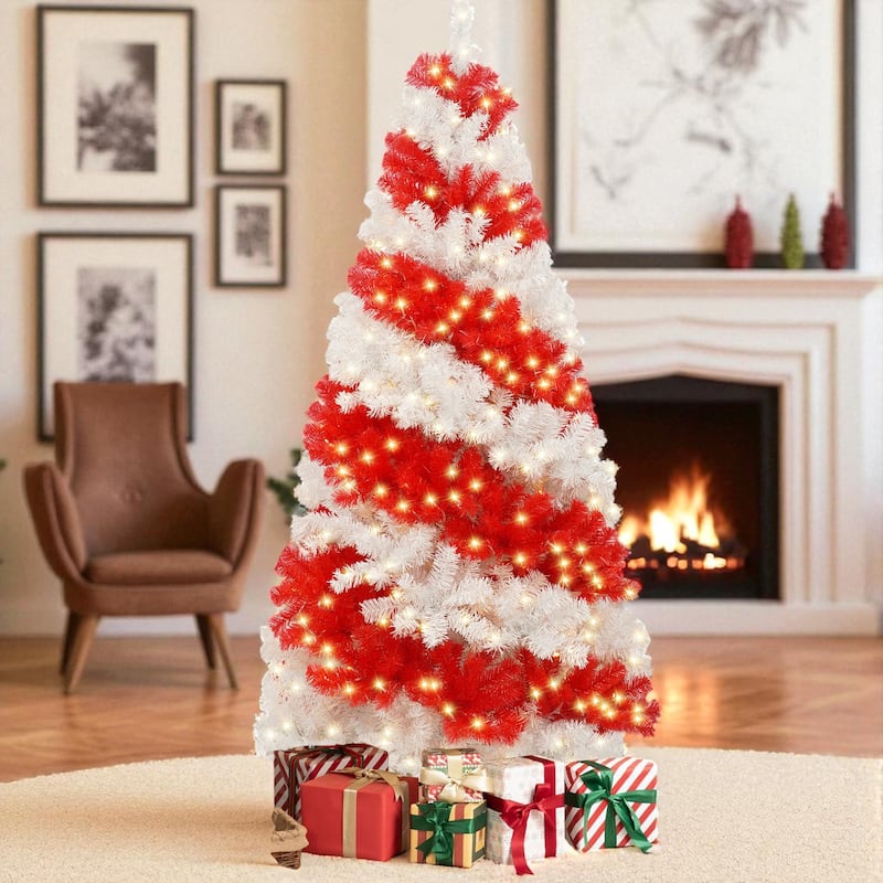 6FT Pre-Lit Candy Cane Artificial Christmas Tree with 300 LED Lights and 900 PVC Tips, Hinged Holiday Decoration - Red