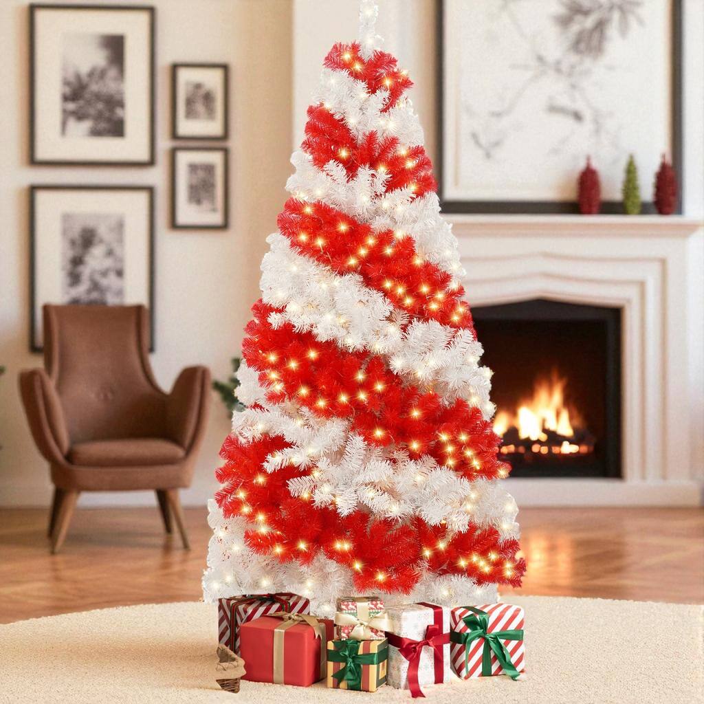 6FT Pre-Lit Candy Cane Artificial Christmas Tree with 300 LED Lights and 900 PVC Tips, Hinged Holiday Decoration