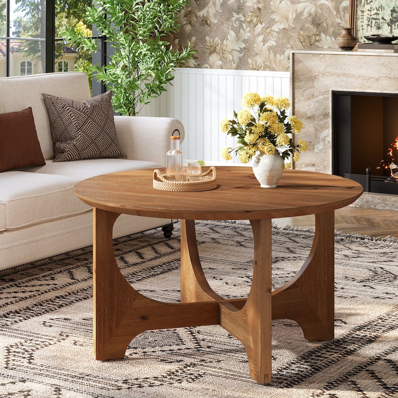 Solid Wood Coffee Table, Farmhouse Round Center Table for Living Room