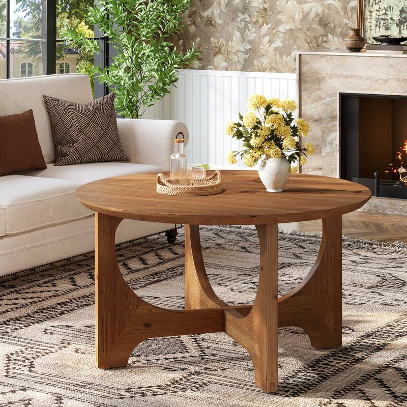 Solid Wood Round Coffee Table, Center Cocktail Accent Table for Living Room