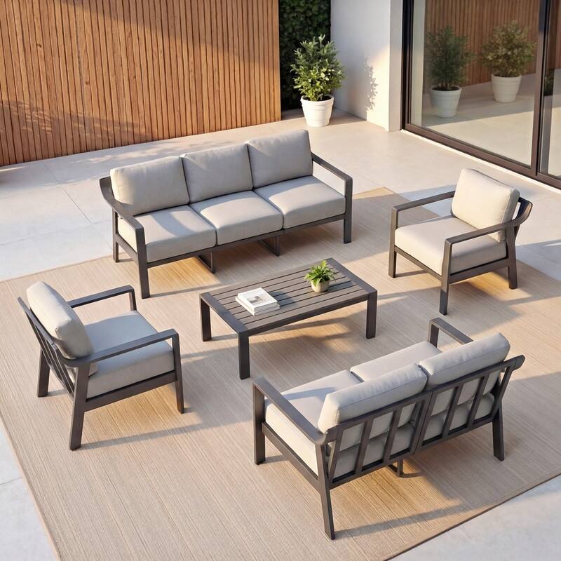 Spruce & Spring Outdoor Patio Furniture Set Aluminum Sofa Accent Chair - 5PC - Light Gray