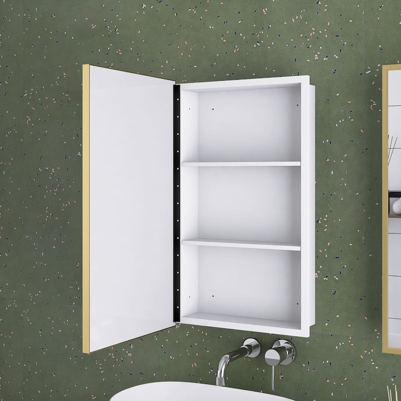 16" x 28" Wall Mounted Gold Framed Storage Bathroom Medicine Cabinet with Mirror - 16" x 28"