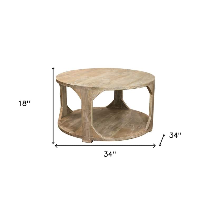 HomeRoots 34" Natural Solid Wood Round Distressed Floor Shelf Coffee Table With Shelf - 34' X '18' X '34