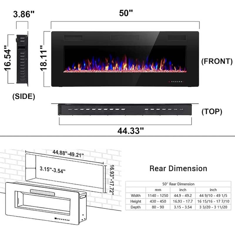 Electric Fireplace Heater Recessed Wall-mounted w/ RC (750-1500W) - 50 INCH-NEW