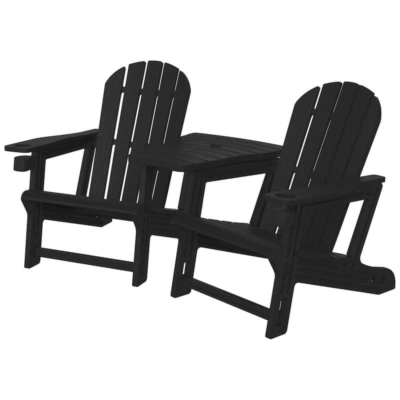 Polytrends Coastline Outdoor Poly Adirondack Chair Set with Connecting Tray & Cup Holder - Black