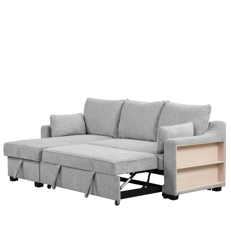 90" Convertible Sleeper Sofa with Storage Chaise, USB Ports, Storage Racks for Compact Spaces