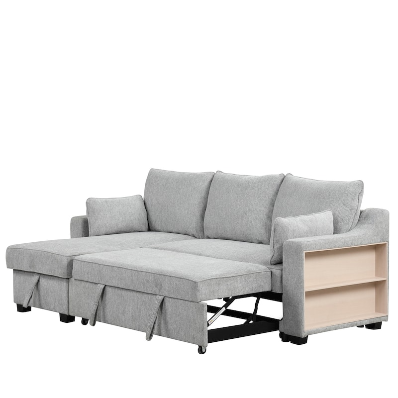 Convertible L-Shaped Sofa Bed with Storage Chaise, USB Charging & Shelves