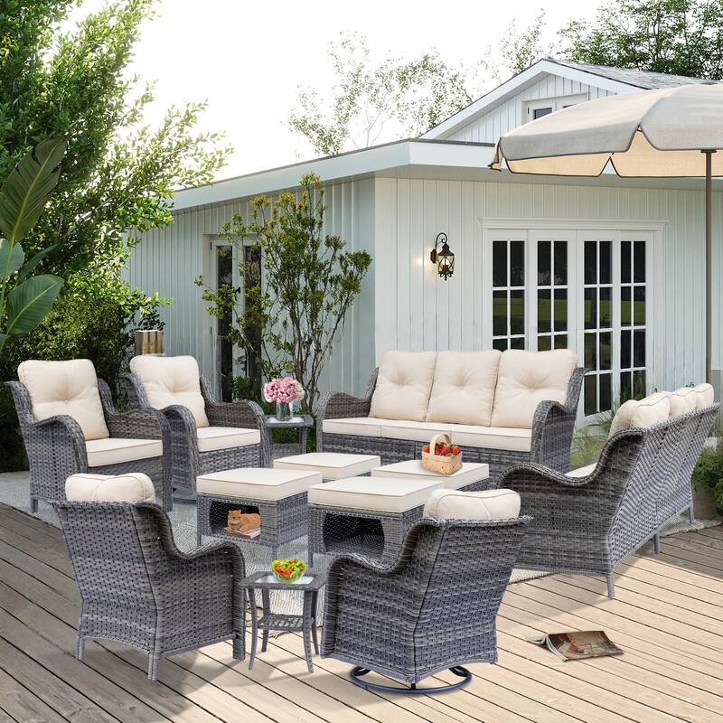 Outdoor Patio Furniture-Gray Wicker Outdoor Swivel Rocker Chairs Set - 12 Piece - Beige