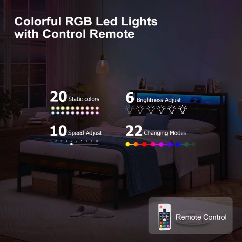 Full Size Metal Platform Bed Frame with Adjustable Upholstered Headboard, Charging Station