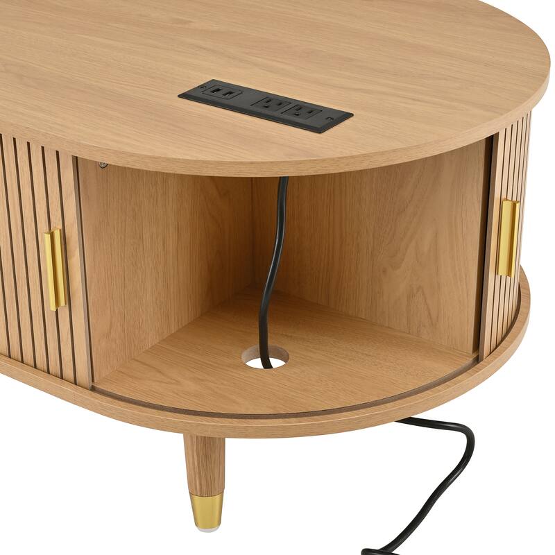 Wooden TV Stand and Coffee Table Set of 2, Sliding Door TV Cabinet TV Console with Charging Station for TVs up to 80", Natural