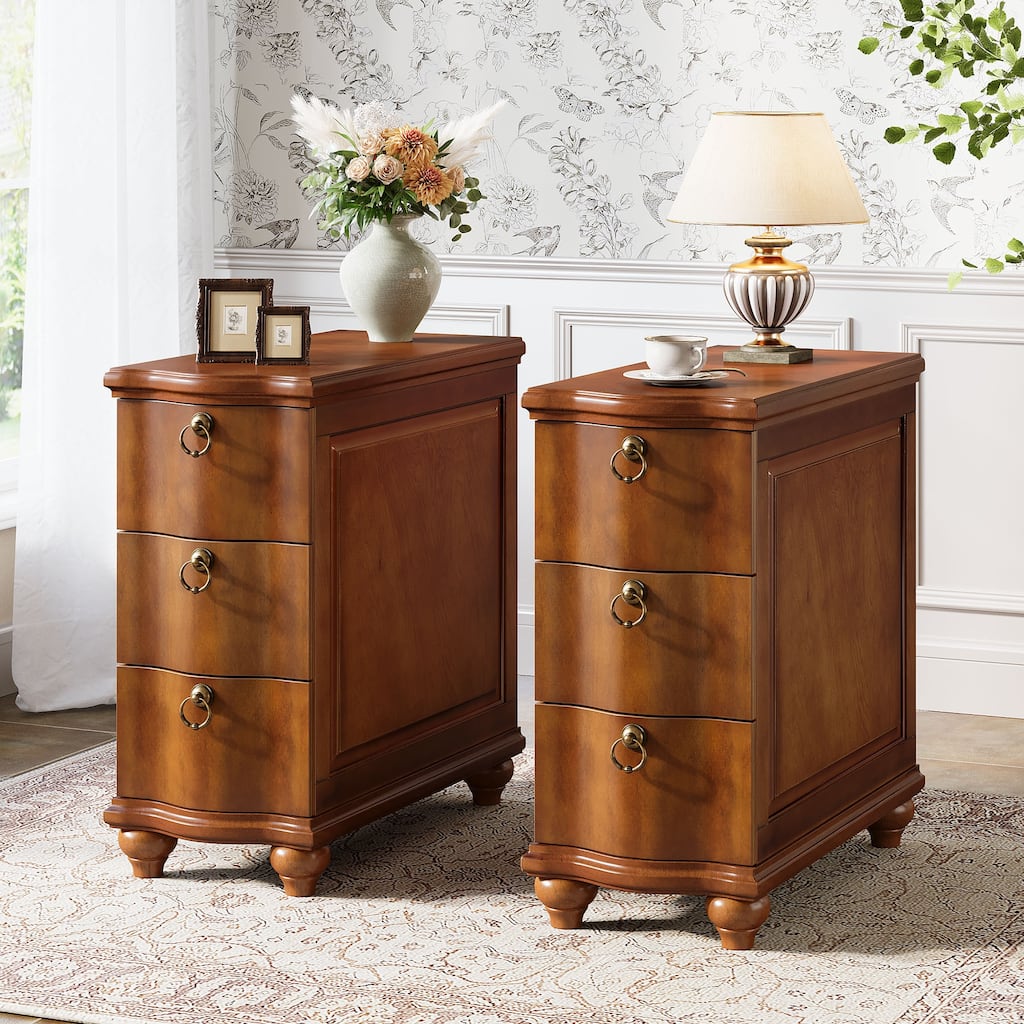 Wood Side Table with 3-Drawers, Fully Assembled End Table for Living Room, Tall Narrow Nightstand for Bedroom