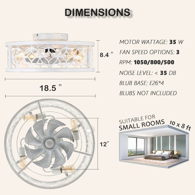20" Vintage Cream White Caged Light Ceiling Fan, Flush Mount Drum Shaped Classic Ceiling Fan for Bedroom