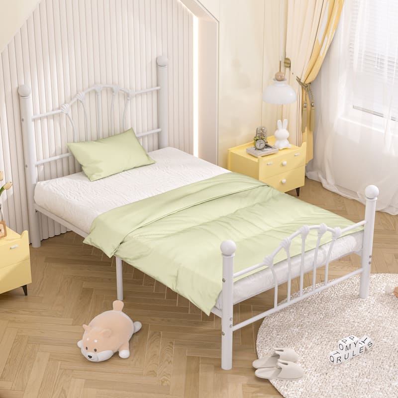 VECELO Classic Twin Size Metal Bed Frame Shell Design with Roman Columns Sturdy Twin Bed Frame for Kids Space-Saving Twin Bed