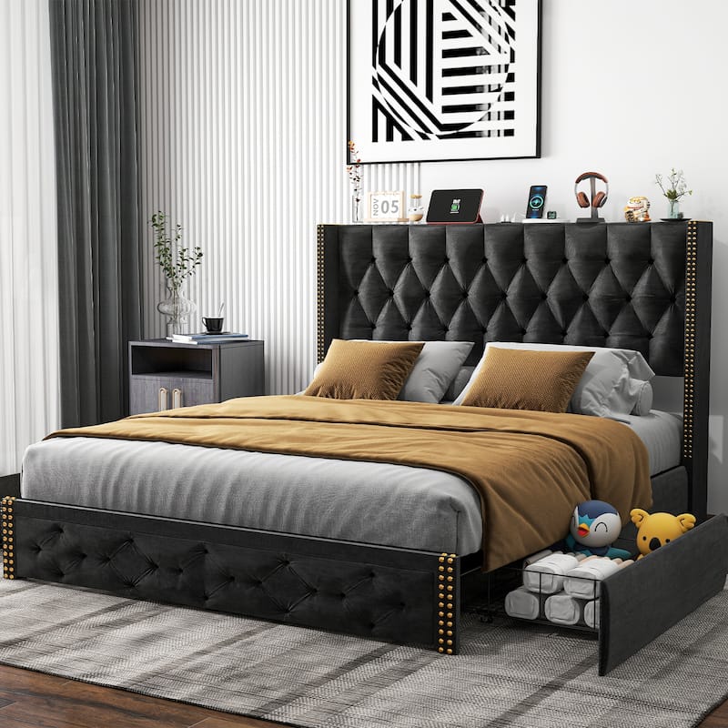 Full Size Bed Frame with 2 Storage Drawers and Wingback Headboard, Velvet Upholstered Platform Bed Frame with Charging Station