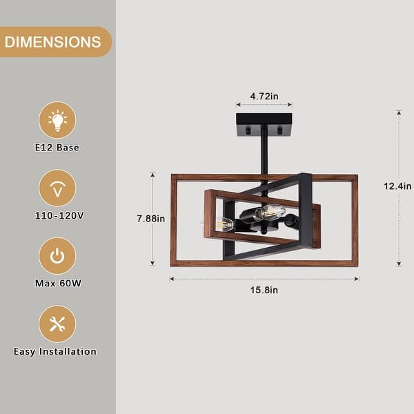 dimension image slide 3 of 6, Zjvaive 3-Light Rectangular Semi Flush Mount Ceiling Light Farmhouse Metal Cage Light Fixture