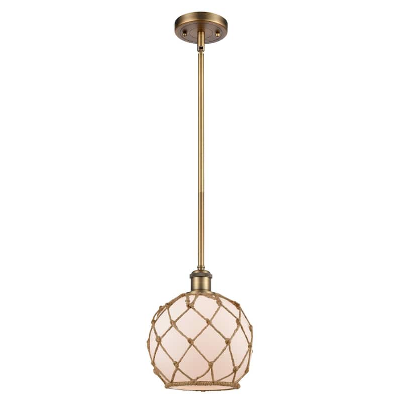 Innovations Lighting Farmhouse Rope 8" Wide Mini Pendant - Brushed Brass / White Glass with Brown Rope