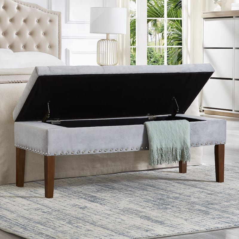 Modern Storage Bench with Wooden Legs, 48 Inch Upholstered Ottoman Bench Velvet End of Bed Stool, Entryway Bench