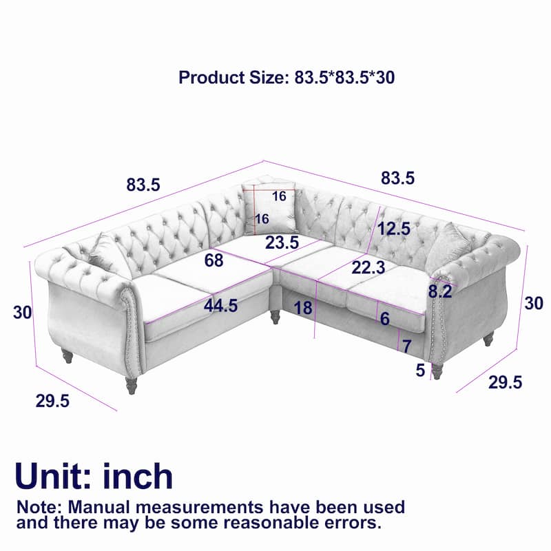 83.5" Velvet L-Shaped Sectional Sofa, 5-Seater Corner Couch with 3 Pillows