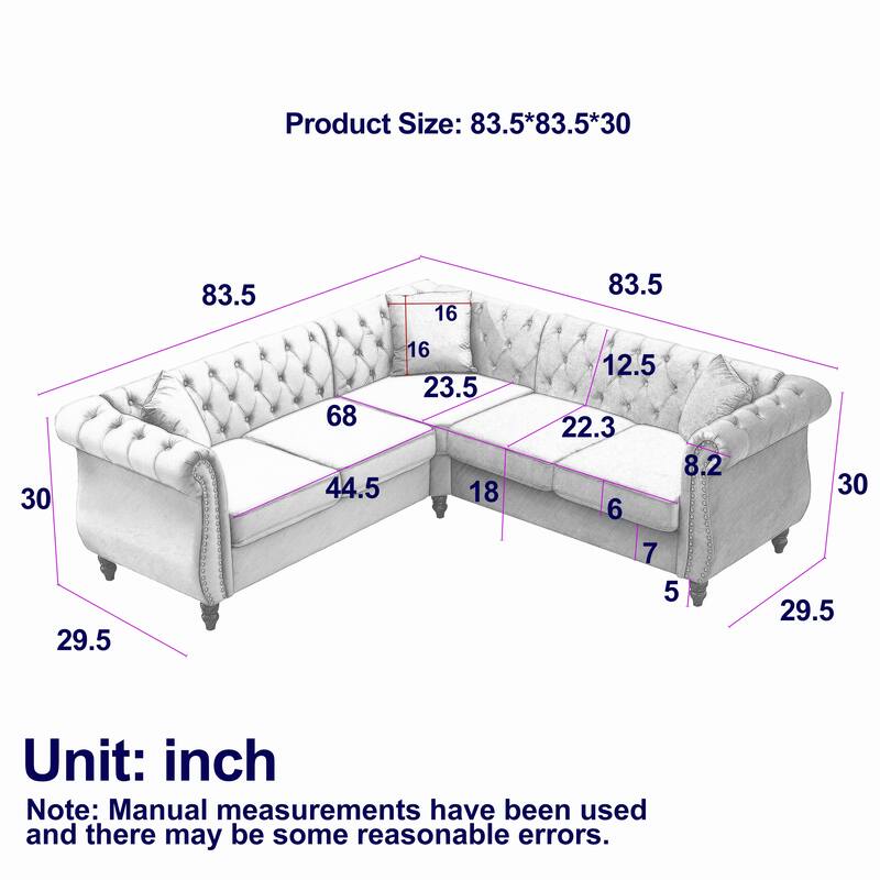 L-shape Corner Sectional Sofa with Button Tufted Back and 3 Pillows