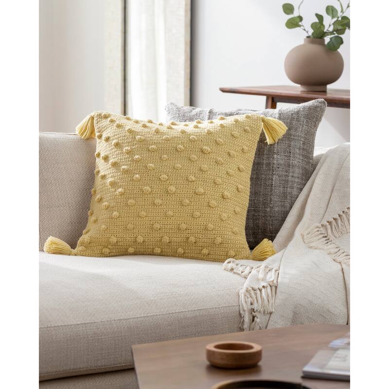 Artistic Weavers Kalae Crochet Pom Throw Pillow with Tassels - 22x22 Down Insert - Light Yellow