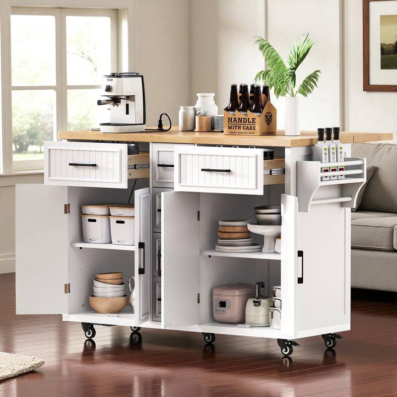 56.5" Farmhouse Kitchen Island with Drop Leaf & Power Outlet, Rolling Cart with 5 Drawers, 4 Doors, Adjustable Shelves & Wheels