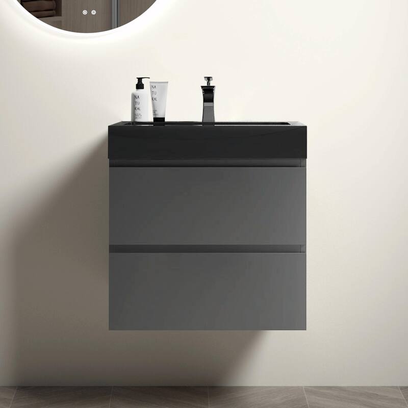36"/30"/24" Floating Bathroom Vanity with Sink, Wall-Mounted Storage Cabinet - Black+Grey - 24" Width