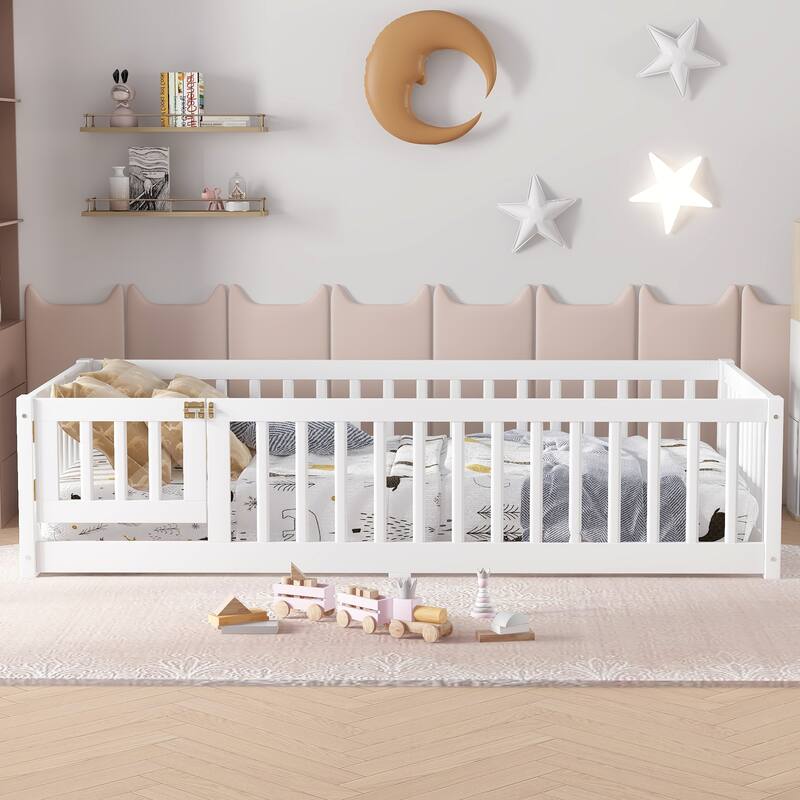 Montessori Toddler Floor Bed with Fence and Switchable Door, Low Profile Bed Frame with Removable Slats, Safe Transition Bed