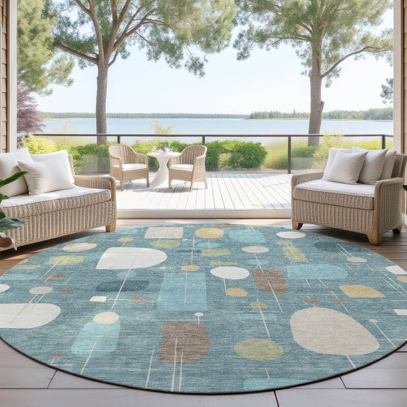 Machine Washable Indoor/ Outdoor Contemporary Fun Chantille Rug - Teal - 8' x 8'