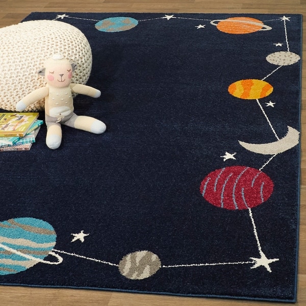 slide 2 of 5, Mod-Tod Planet Border Kids Area Rug 5'3" x 7' - Navy Blue
