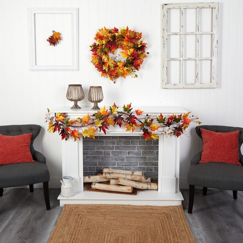 Fall Garland 6ft Maple Leaf Berry Decor - Autumn Home Accent, Thanksgiving Decor - 72
