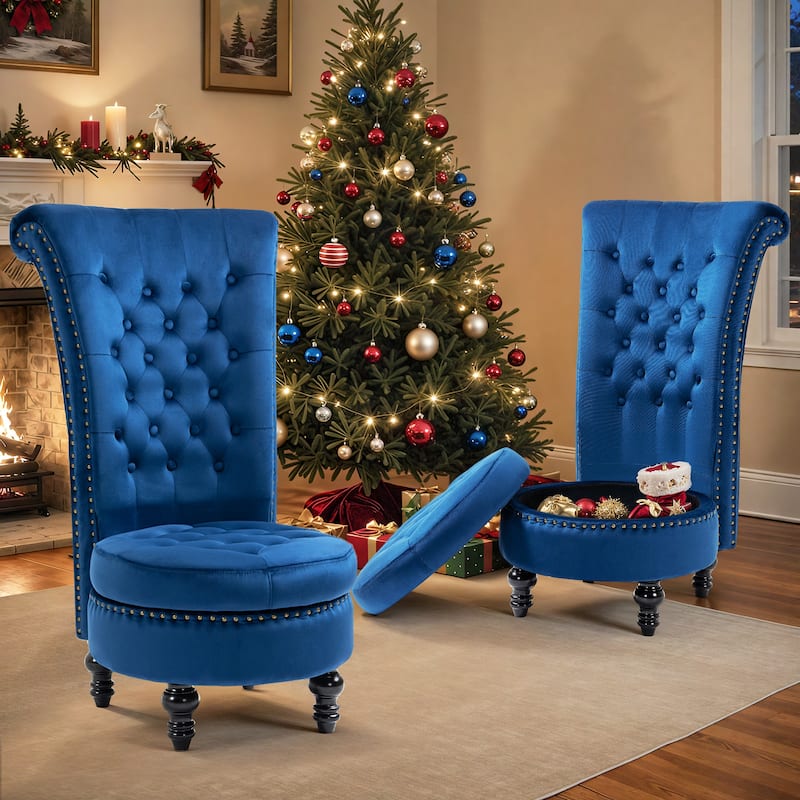 Velvet High-Back Storage Chair - Royal Accent Armless Chair for Living Room & Bedroom, 330lbs Weight Capacity - Blue
