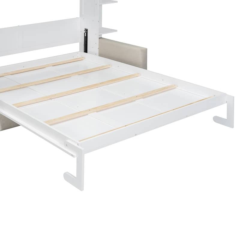 Queen Size Murphy Bed with Sofa, Folding Bed Frame Cabinet Wall Bed with Shelves and Top Lights