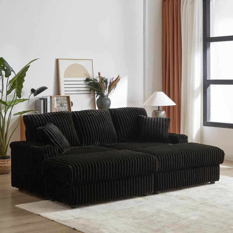 Deep Seat Sectional Loveseat Set with 2 Ottoman and 2 Pillows, Corduroy Chaise Lounge Bed with 2 Storage Spaces and Cupholding - Black