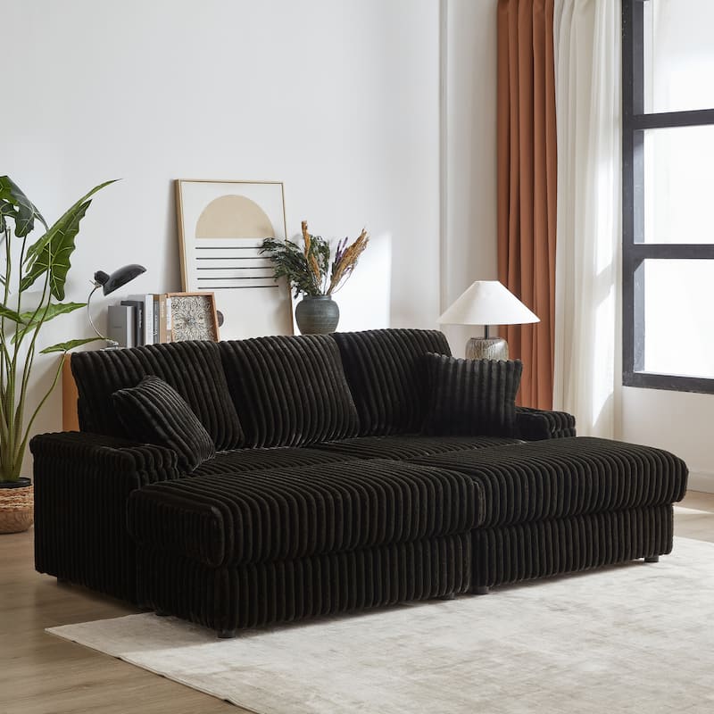 Roomfitters 84" Corduroy 3-Seater Sofa, Deep Seat Couch with 2 Ottomans, Storage, Cup Holders, 3 Back and 2 Toss Pillows