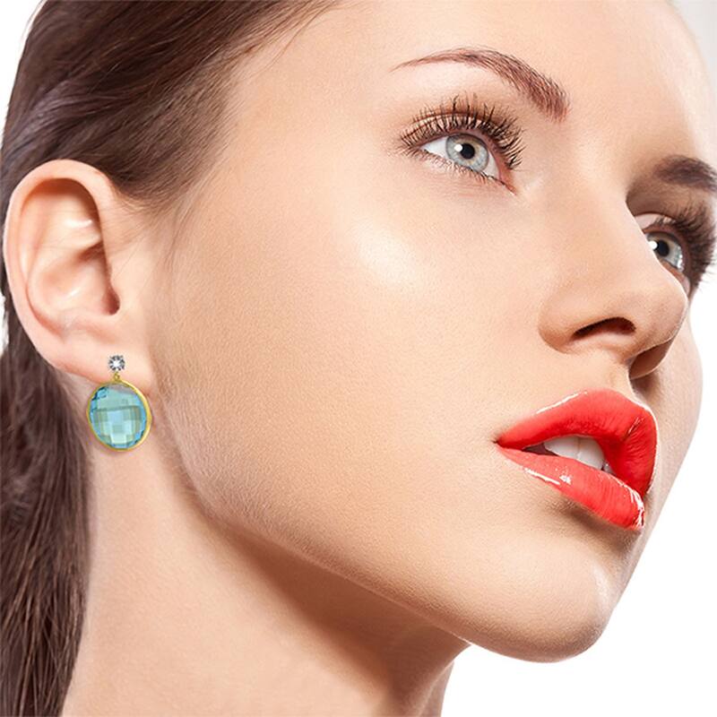 14K Solid Gold Diamonds Stud Earrings w/ Round Cut Round Blue Topaz