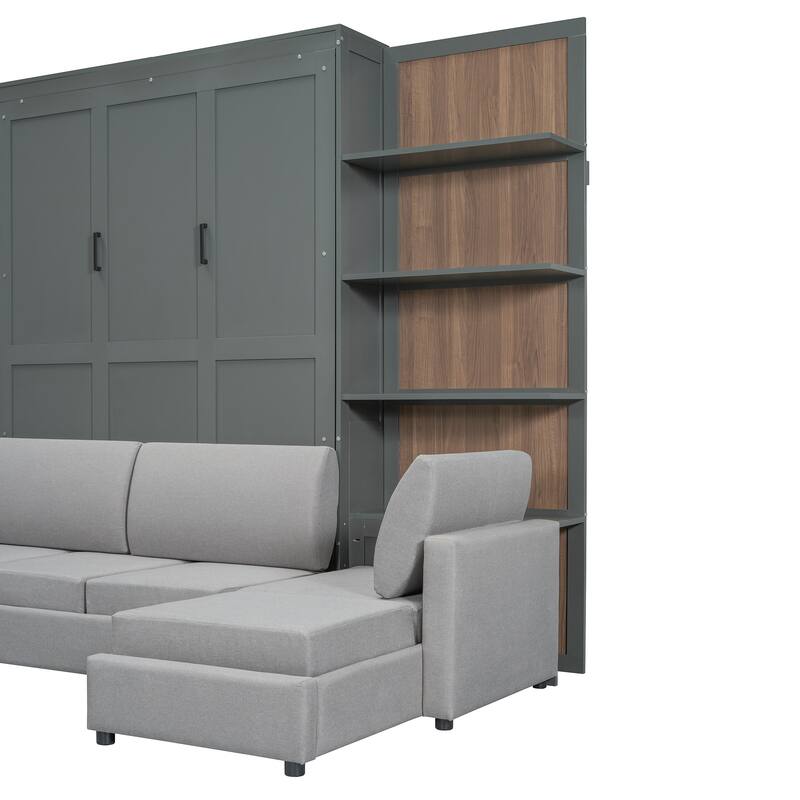 Queen Size Wall Bed with Sofa and Shelves, Gray