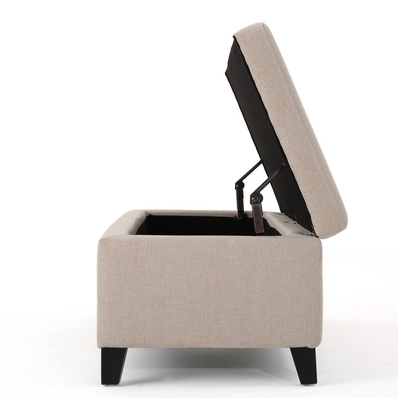 Storage Bench Ottoman, Ivory, 51 Inch Cushioned Seat, Birch Wood Legs