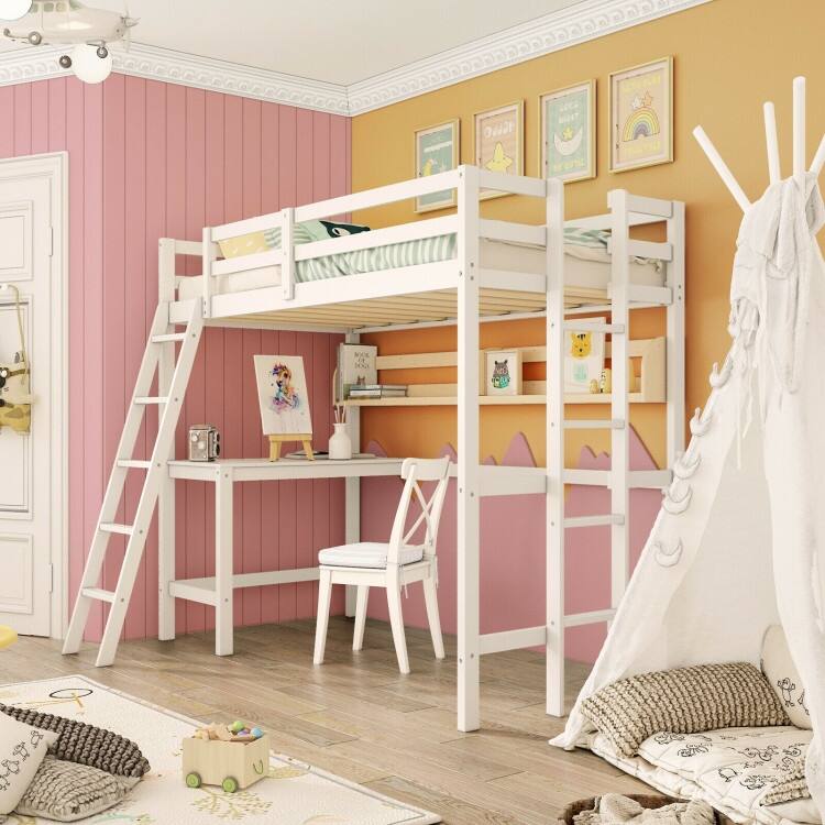 Twin Size Loft Bed Frame with Desk Angled and Built-in Ladder