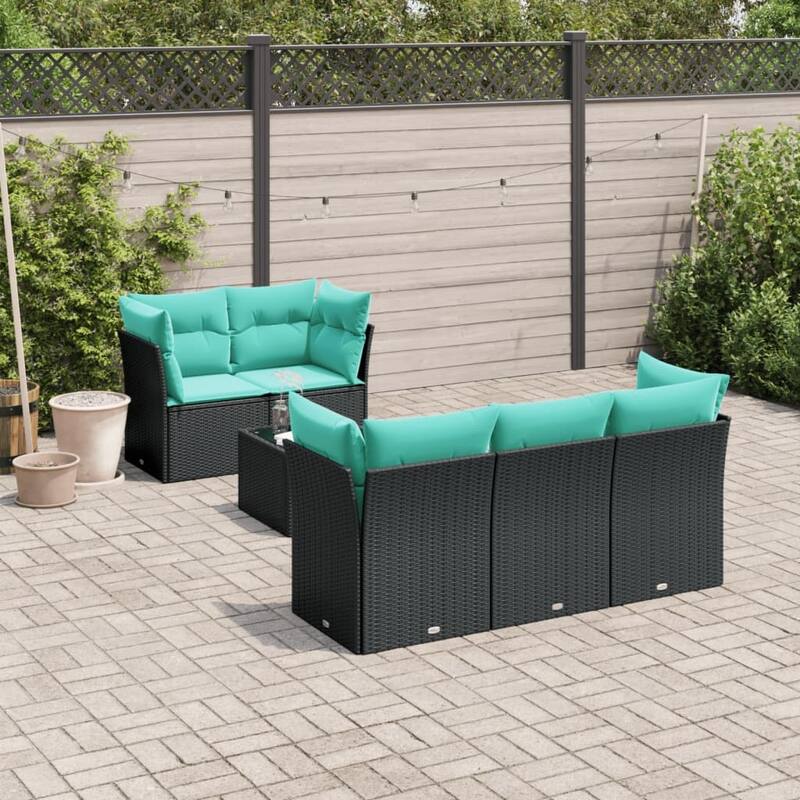 vidaXL 6 Piece Patio Sofa Set with Cushions Black Poly Rattan - 92.5x27.2x70.5