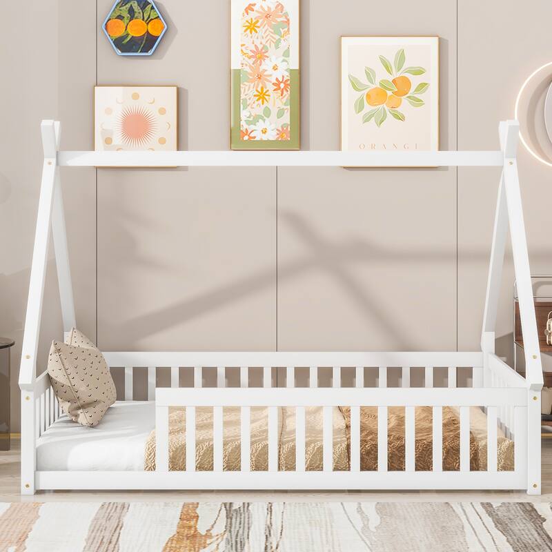 Toddler Floor Bed with Fence Guardrails, Wood Slat Support, Tent-shaped Bed with Roof Frame - Available with or without Door
