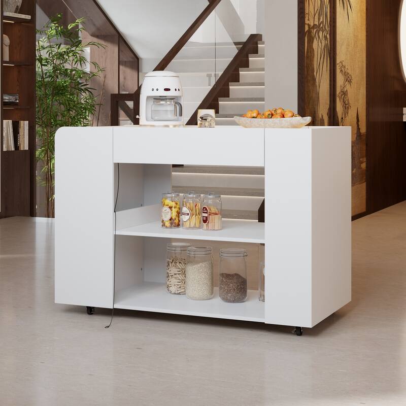 LED Kitchen Island with Tempered Glass Top, Rolling Storage Cabinet with 3-Color Lighting