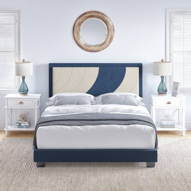 Boyd Sleep Sail Away Oceanic Upholstered Linen Platform Bed - Blue and Beige - Queen