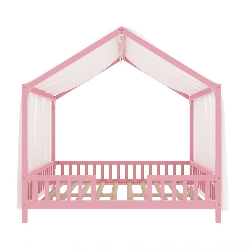 Montessori Floor Bed with Canopy, Full Bed Frame for Kids, House Shape Toddler Bed Frame with High Railings