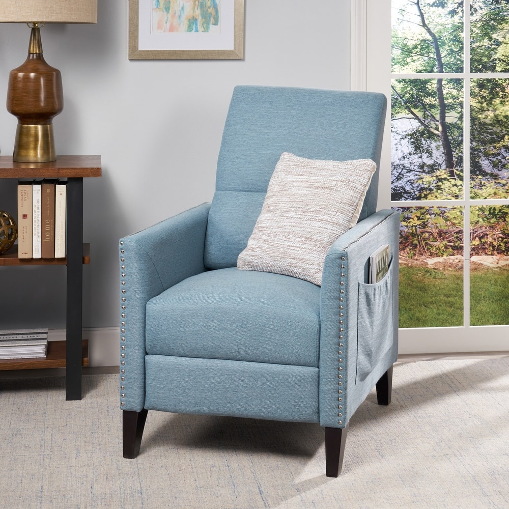 Modern Fabric Upholstered Push-Back Recliner with Footrest, Nailhead Accents, Birch Wood Legs
