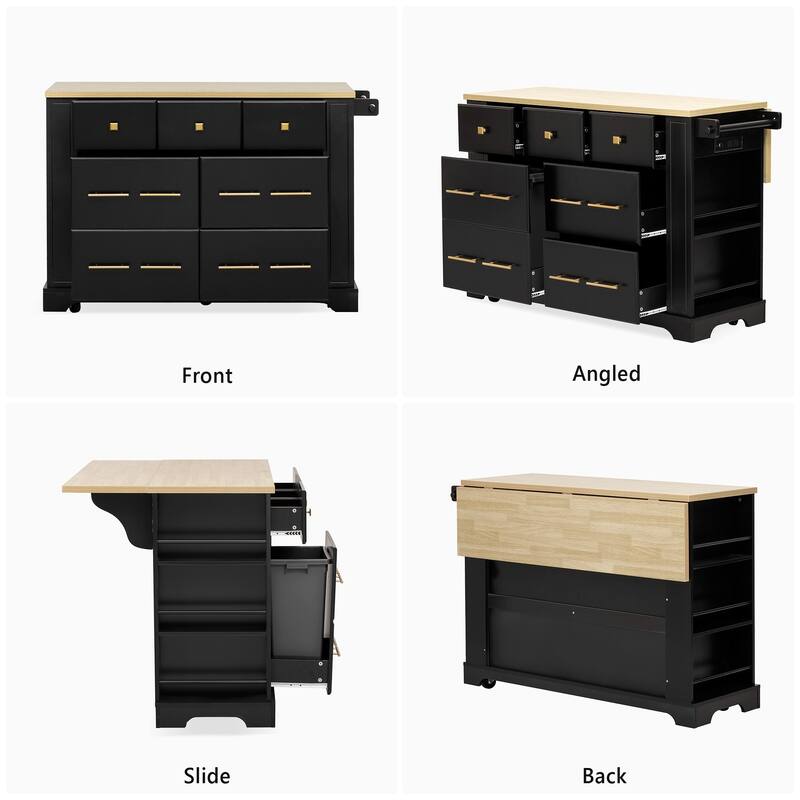 Rolling Kitchen Island with Drop Leaf - 6 Drawers, Trash Pull-Out, 5 Wheels & Power Outlet, 5 Open Racks for Dining Room