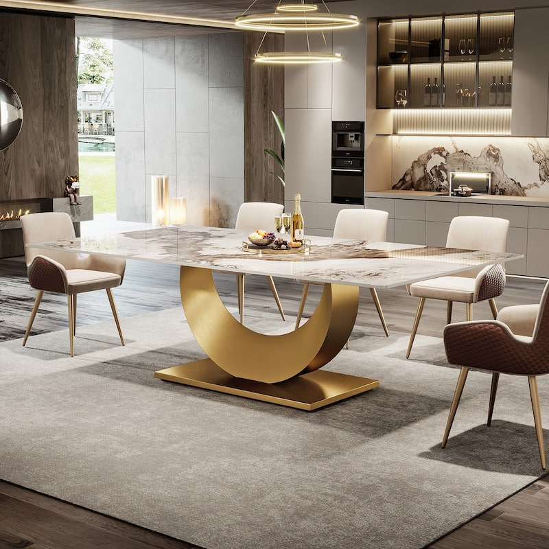 79 Inches Sintered Stone Dining Table for 8, Rectangle Kitchen Table with Stainless Steel Base