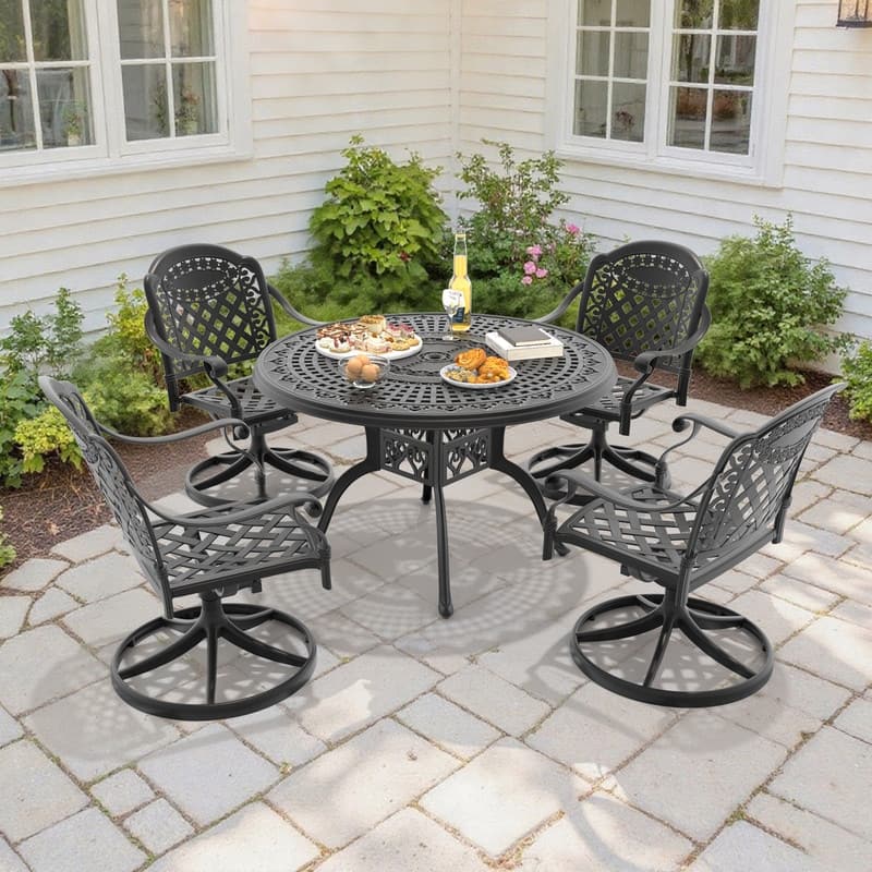 5-Piece Aluminum Round Outdoor Patio Dining Set, 4 Cushioned Swivel Chairs, Table, All-Weather Frames