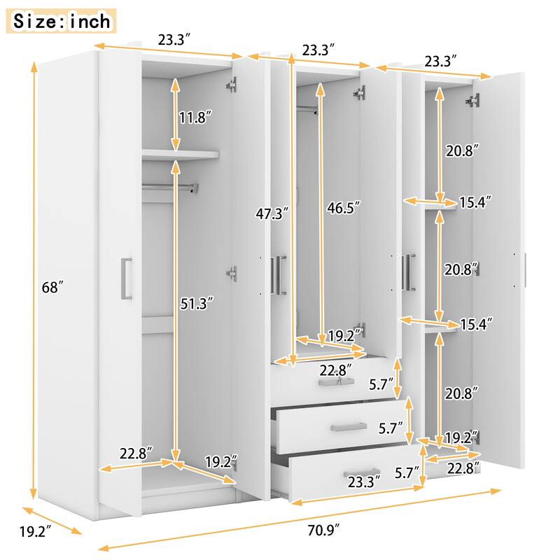 6-Doors Wooden Wardrobe Storage Modern Simple Wardrobe Hidden Wardrobe with Big Drawers and Silver Handles for Cloakroom