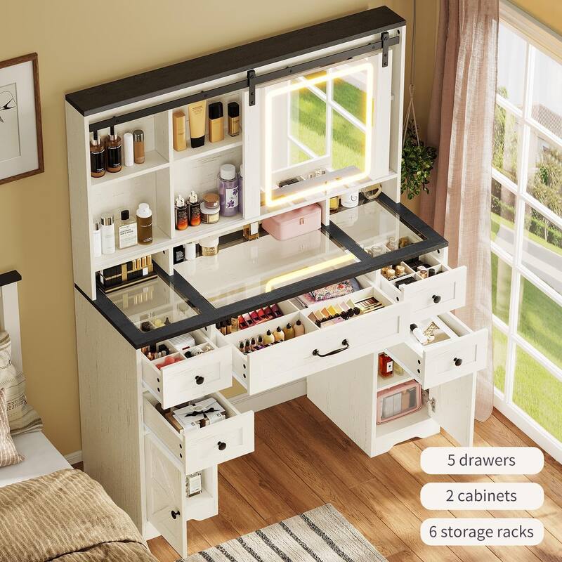 Vanity Desk Barn-Door Sliding Mirror & Power Outlet Glass Top